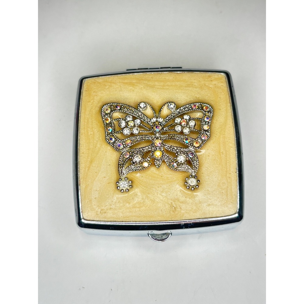 Vintage Butterfly Pill Box Iridescent Rhinestone Enamel Mirror Case Silver Tone